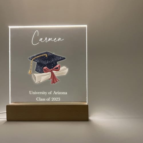 Let's Make Memories Personalized Graduation Frame Celebrate Class Customize Name & Year Night Light Lamp Wood Base LED Desk Stand Plaque Plate Display Graduating High School University Graduate Gift