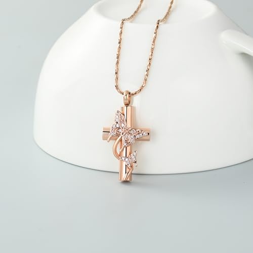 Imrsanl Butterfly Cross Urn Necklace for Ashes Men Women Cremation Jewelry Ashes Pendant for Human Memorial Ash Jewelry - color: Z-Rose Gold