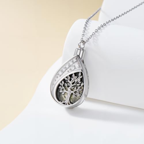 Diamond Tree of Life Urn Necklace for Ashes 925 Sterling Silver Family Tree of Life Cremation with Funnel Filler Ash Holder Keepsake Memorial Jewelry Gifts for Women,18+2 inch - style: Style 0-Moss Agate