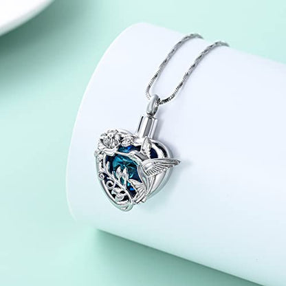 Yinplsmemory Hummingbird Cremation Jewelry Crystal Heart Urn Ashes Necklace for Women Men Memorial Keepsake Necklace of Loved One - color: Blue-Silver