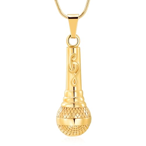 Microphone Urn Necklaces for Ashes Music Cremation Jewelry for Women Men Stainless Steel Memorial Necklace Ash Holder for Human Pets Keepsake Jewelry for Music Lover Ashes with Fill Tool - color: Gold