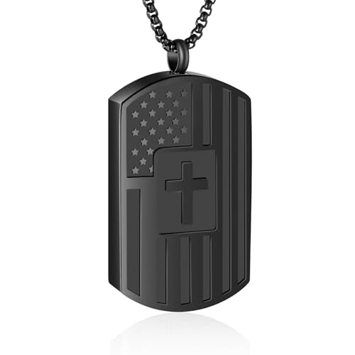 Flag Cross Urn Necklace for Ashes for Men Women Cremation Jewelry | American Flag Cross Tag Design, Stainless Steel, Memorial Keepsake Necklace, Meaningful Gift for Men
