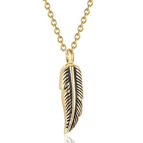 SIYUU Feather Urn Necklace Hold Cremation Ashes Keepsake Memorial Jewelry Stainless Steel Personalized Funeral Jewelry for Women Men - color: Gold