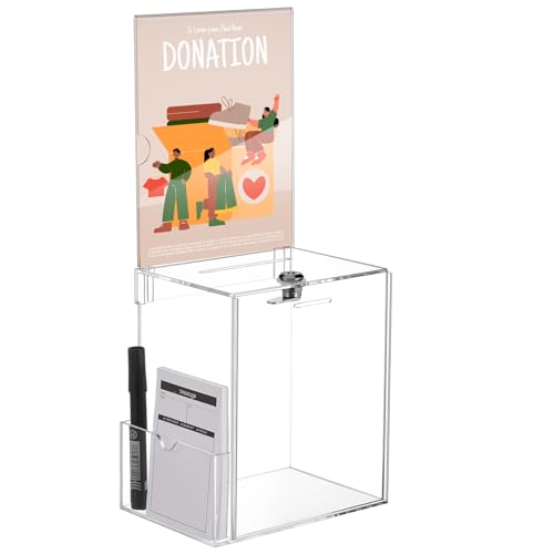 Teling Acrylic Suggestion Box with Card Pocket Safe Donation Box with Lock and Sign Plate for Voting, Charity, Suggestion Collection Supplies (Clear,7. 5 x 5 x 8 Inches) - color: Transparent, size: 7. 5 x 5 x 8 Inches