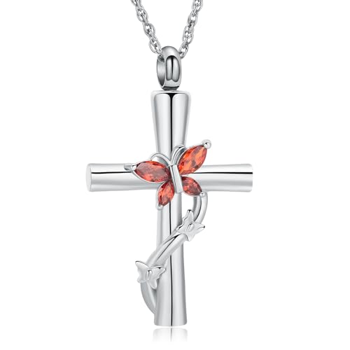 shajwo Butterfly Cross Urn Necklaces for Ashes for Women Men - color: Silver-Red