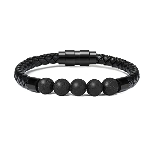 Leather Cremation Memorial Urn Bracelet Lava Stone 316L Stainless Steel Cremation Bangle Keepsake Urn Bracelet for Ashes - color: Black（Lava Stone）, size: 20cm/7.87in