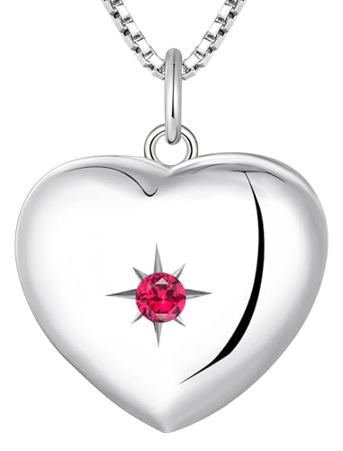 YL Heart Locket Picture Necklace Sterling Silver Personalized Photo Pendant Birthstone Jewelry for Women - color: 07-ruby-Jul