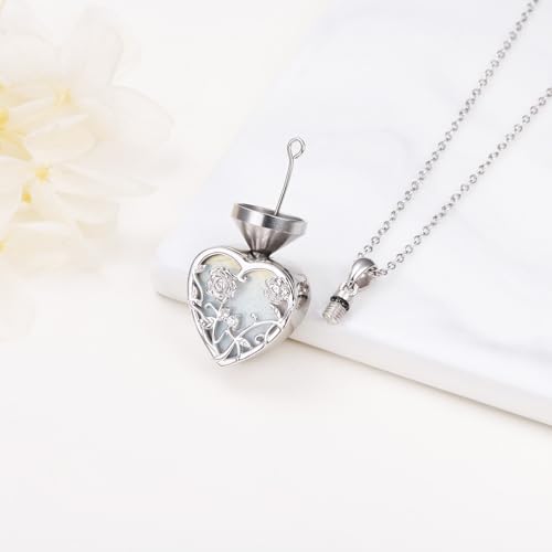 Yearace Urn Necklace for Ashes Sterling Silver Filigree Locket Necklace that Holds Pictures Heart Keepsake Memorial Necklace Cremation Jewelry for Ashes for Women Men - style: Opal Rose Urn Necklace