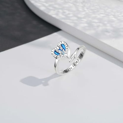 925 Sterling Silver Heart Urn Ring for Ashes for Women - Cremation Jewelry Keepsake Thumb Rings Adjustable with Rose/Sunflower Gift for Lost Of Love Ones Human Adult Pet - style: Blue Heart Tulip