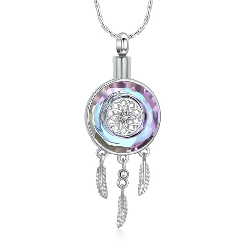 constantlife Circle of Life Dreamcatcher Cremation Jewelry for Ashes Stainless Steel Crystal Pendant Urn Necklace Keepsake Human Pet Memorial Gift for Women Men - color: Silver-Purple