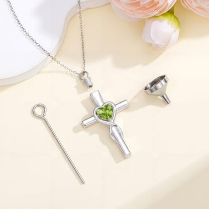 YYB Urn Necklace for Ashes Women Heart Birthstone Cross Cremation Jewelry | Memorial Keepsake Funeral Jewelry for Loved Ones (with Funnel Filler) - color: 08-Aug-Peridot