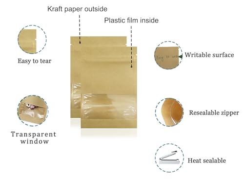 FERENLI 100 Pack 5.1x7.08 inch Small Resealable Seed Coin Envelopes Bags | Kraft Paper Heat Seal Packets with Clear Window Brown for Flower Vegetable Seeds Storage Party Favor Pet Food Sample Bag - size: 5.1x7.08 inch