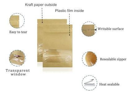 FERENLI 100 Pack 3.5x5.1 inch Small Resealable Seed Coin Envelopes Bags | Kraft Paper Heat Seal Packets with Clear Window Brown for Flower Vegetable Seeds Storage Party Favor Pet Food Sample Bag - size: 3.5x5.1 inch