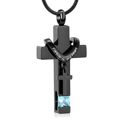 Forever in My Heart Birthstone Personalized Double Cross Urn Pendant Cremation Jewelry for Ashes Cross Ashes Keepsake - color: Light Blue