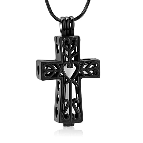 Urn Necklaces for Ashes Cross Cremation Jewelry for Ashes Memorial Ash Pendant with Hollow Keepsake Jewelry Gifts for Loss of Loved One with Funnel Filler Kit - color: Black-silver
