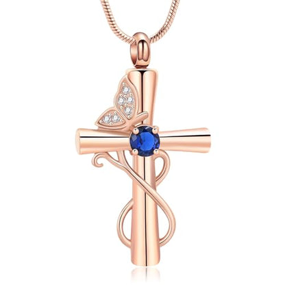 Butterfly Cross Cremation Jewelry Urn Necklaces Cross Butterfly Urn Necklaces for Ashes Memorial Keepsake Pendant for Women Men Gifts With Funnel Kit & Bag - color: Rose+Blue