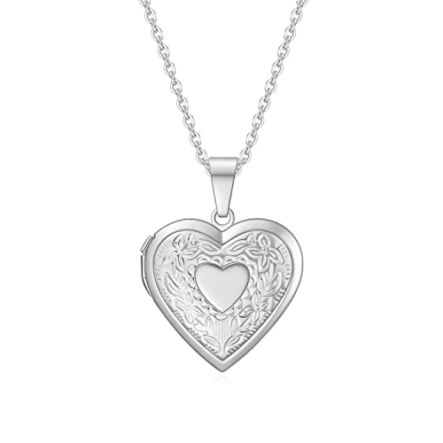 Vintage Engraved Flower Locket Picture Pendant Necklace Antique Carved Pattern Oval Heart Pendant Necklace For Women Hold Picture Souvenir Memorial Jewelry - color: Silver Heart 1