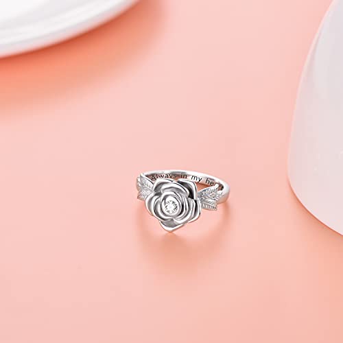 925 Sterling Silver Rose Flower Cremation Urn Ring Holds Loved Ones Ashes Cremation Keepsake Ring Jewelry Embellished with Crystals from Austria - color: Silver-Always in my heart