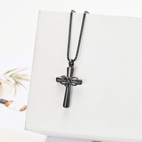 XSMZB Rose Flower Cross Cremation Jewelry for Ashes Human Pet Funeral Urn Pendant Cross Keepsake Ashes Necklace Memorial Gift - color: Black