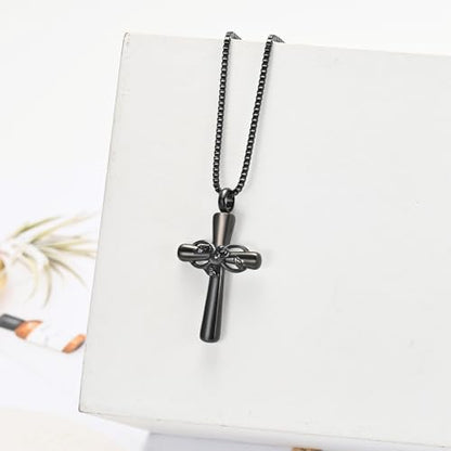 XSMZB Rose Flower Cross Cremation Jewelry for Ashes Human Pet Funeral Urn Pendant Cross Keepsake Ashes Necklace Memorial Gift - color: Black