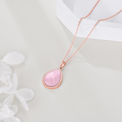 CRMAD Larimar/Opal/Lapis Lazuli/Tourmaline/Malachite/Labradorite/Turquoise/Onyx/Rose Quartz/Amber/Peridot Necklace for Women 925 Sterling Silver Teardrop Pendant Jewelry Gifts - color: Rose Quartz-Rose Gold