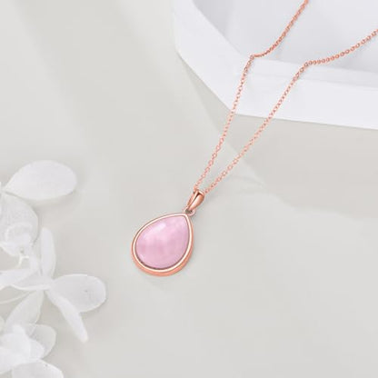 CRMAD Larimar/Opal/Lapis Lazuli/Tourmaline/Malachite/Labradorite/Turquoise/Onyx/Rose Quartz/Amber/Peridot Necklace for Women 925 Sterling Silver Teardrop Pendant Jewelry Gifts - color: Rose Quartz-Rose Gold