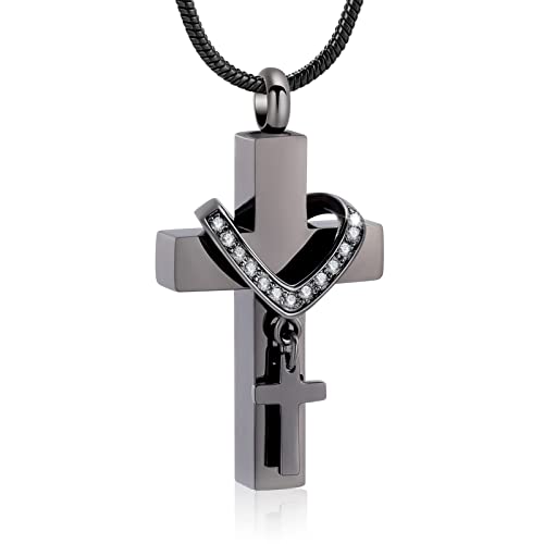 Cremation Jewelry for Ashes Pendant - Cross Urn Necklace with Mini Keepsake Urn Memorial Ash Jewelry - color: Black