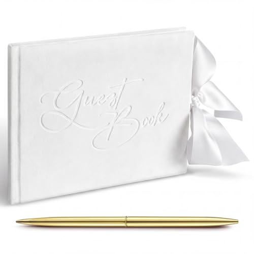 Panelee Wedding Guest Book with Pen White Velvet Reception 144 Page Sign in Book Wedding Memory Papers Elegant Guestbook for Bridal Shower Party Guest Visitor - color: White