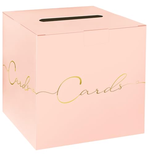 HEIPINIUYE Large Card Box for Party 9.8" x 9.8" Pink Gift Card Box Holder with Gold Foil Design Envelope Box for Wedding Birthday Baby Shower Retirement Party Raffle Box - color: Pink Card Box with Gold Foil