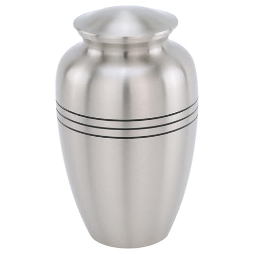 Classic Three Bands Pewter Cremation Urn for Ashes, Brass, Silver Urn, Adult Sized Cremation Urn, 9.75 Inches High - size: Adult Urn