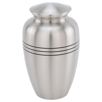 Classic Three Bands Pewter Cremation Urn for Ashes, Brass, Silver Urn, Adult Sized Cremation Urn, 9.75 Inches High - size: Adult Urn