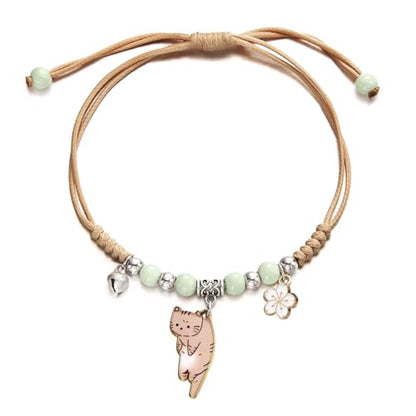POYAMUSE Lovely Cat and Flower Strand Bracelet - Colorful Beads, Adjustable for Women - color: Ginger green