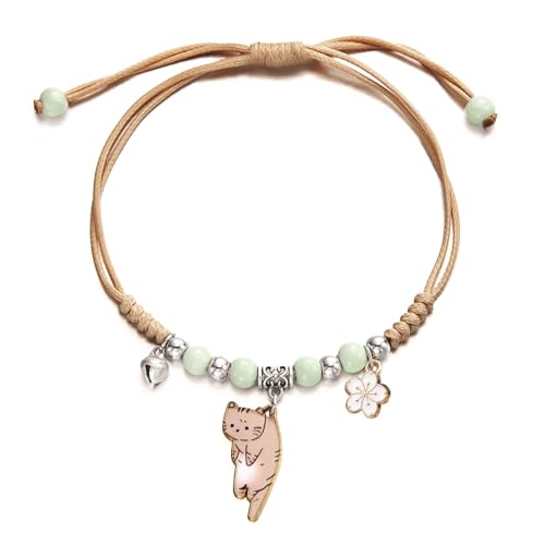 POYAMUSE Lovely Cat and Flower Strand Bracelet - Colorful Beads, Adjustable for Women - color: Ginger green