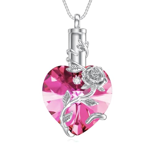 OCJ Heart Rose Flower Urn Necklace for Ashes Women Birthstone Cremation Necklaces Sterling Silver Memorial Cremation Jewelry Gifts - color: 10-Oct-Pink Tourmaline