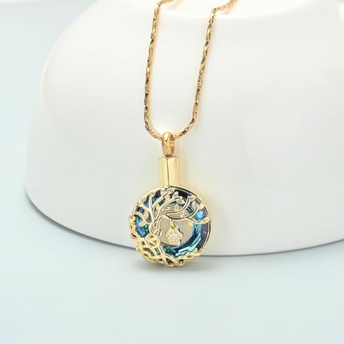 Imrsanl Tree of Life Urn Necklace for Ashes Paw Print Circle of Life Cremation Jewelry Keepsake Pendant Memorial Pet Ashes Holder for Women Men - color: Gold-Blue