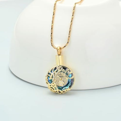 Imrsanl Tree of Life Urn Necklace for Ashes Paw Print Circle of Life Cremation Jewelry Keepsake Pendant Memorial Pet Ashes Holder for Women Men - color: Gold-Blue