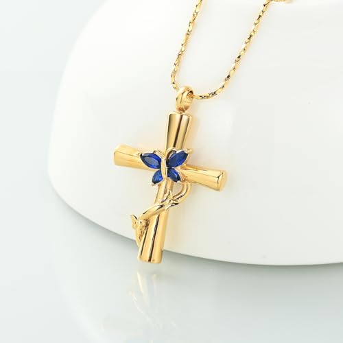 Imrsanl Cross with Butterfly Urn Necklaces for Ashes for Women - color: Gold Blue