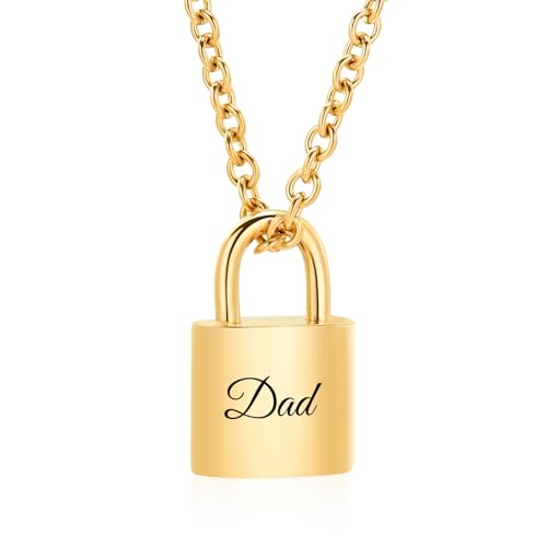 Imrsanl Padlock Cremation Jewelry for Ashes Urn Necklace for Women Men Stainless Steel Keepsake Memorial Punk Lock Pendant Ashes Holder - color: Gold-Dad