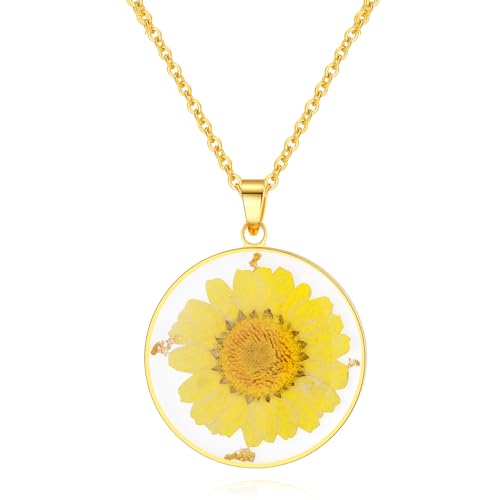 AUNTESIGN Forget-Me-Not and Queen Anne's Lace Pressed Wildflower Necklace | Birth Month Flowers Necklace | Gold/Silver Pressed Flower Jewelry | Mother's Day | Gift For Her - color: Marigold Necklace (October Birth Flower)