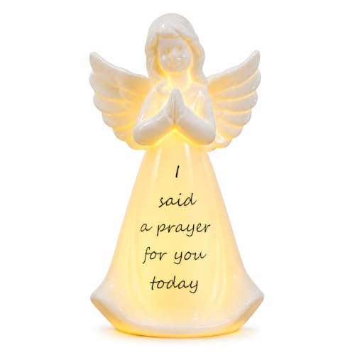 Ceramic Prayer Angel Figurine with LED Light, “I Said a Prayer for You Today” Inspirational Christian Angel Statue, Battery Operated Faith Decor for Encouragement, Comfort & Thinking of You - color: White With Black Words
