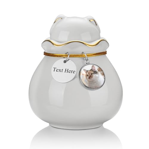 SOITIS Engraving Customized Pet Memorial Urn for Cat or Dog Ashes - 3.54"x3.15" Elegant Ceramic Keepsake Holder with Pet-Shaped Lid & Gold Trim, Small White Urn for Pet Ashes - color: White-custom