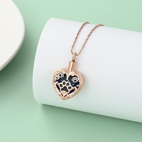 Yinplsmemory Pet Urn Necklace Pendant Jewelry for Dog Cat Memorial Crystal Heart Cremation Jewelry with Paw Print Ashes Keepsake Funeral Jewelry - color: Rose gold-blue
