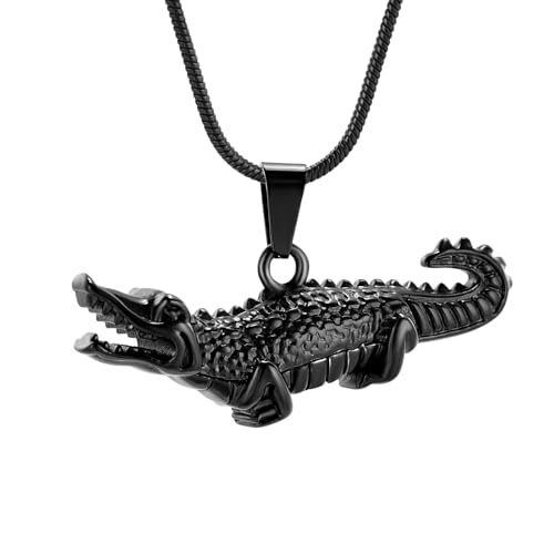 Crocodile Urn Necklace for Ashes Animal Cremation Jewelry for Men Women Stainless Steel Memorial Necklaces Ash Holder for Human Pets Keepsake Jewelry of Loved Ones with Fill Tool - color: Black