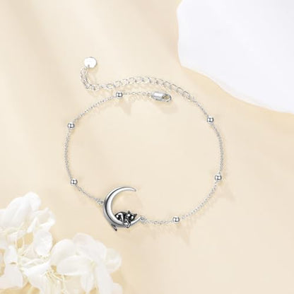 AOBOCO 925 Sterling Silver Cute Cat Kitty Bracelet Adjustable Link Chain, Cat Jewelry Gifts for Cat Lovers 7-9 inches - style: G-Cat&Moon