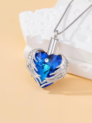WINNICACA Silver Cremation Urn Necklaces for Ashes of Loved Ones - style: Angel Wings Crystal Necklace