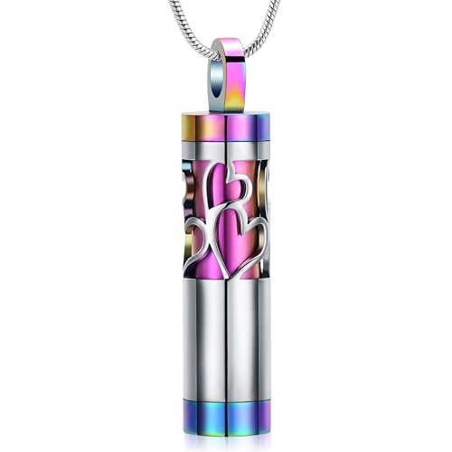 Hollow Cylinder Urn Necklace for Ashes for Women Men Vial Stainless Steel Cremation Jewelry Memorial Keepsake Locket Pendant - color: Silver-Colorful