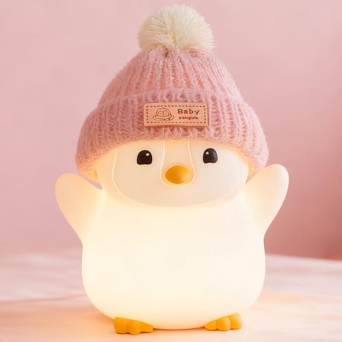 FAMIDUO Penguin Night Light for Kids,Pink Penguin Lamp with Knit Hat | Squishy Silicone,Rechargeable Dimmable Timer LED Bedside Lamp,Cute Animal Nightlight for Nursery,Gift for Boys Girls Toddlers - color: Pink Stand Penguin
