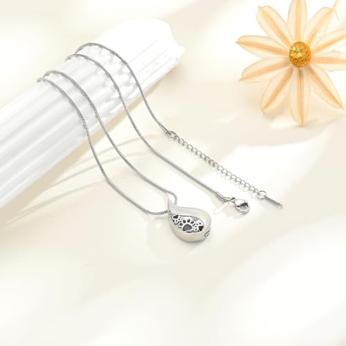 zeqingjw ﻿Pet Paw Print Teardrop Cremation Jewelry Stainless Steel Urn Necklace for Ashes for Dog/Cat Ashes Keepsake Gift for Pet Lovers - color: Silver