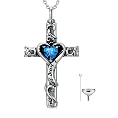 TOUPOP Cross Urn Necklaces for Ashes Birthstone Cremation Jewelry 925 Sterling Silver Cross Memorial Keepsake Jewelry for Women (with Funnel Filler) - color: 12-December-Topaz