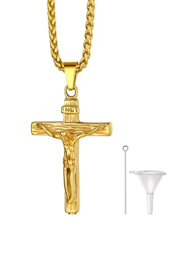 Richsteel Urn Necklaces for Ashes for Women Men Cremation Pendant | Necklace for Ashes Stainless Steel Memorial Jewelry - color: 03-Gold Crucifix Jesus